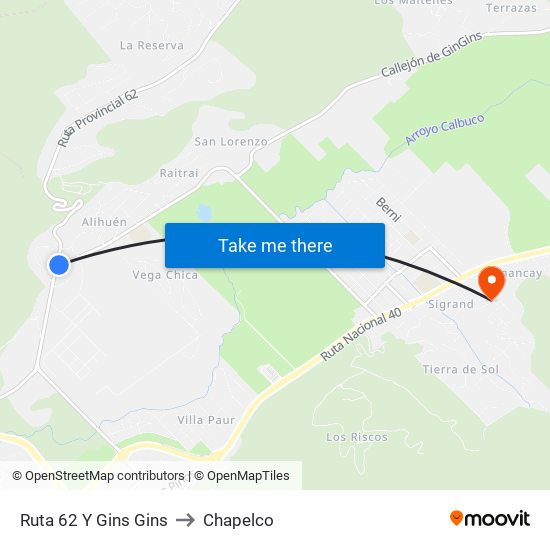 Ruta 62 Y Gins Gins to Chapelco map