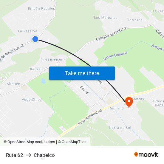 Ruta 62 to Chapelco map