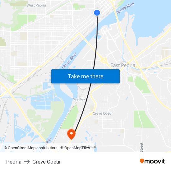 Peoria to Creve Coeur map