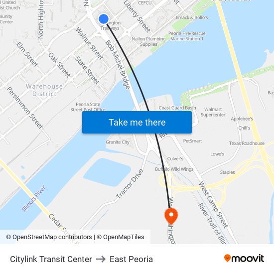 Citylink Transit Center to East Peoria map