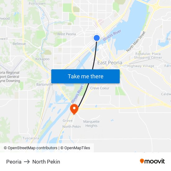 Peoria to North Pekin map