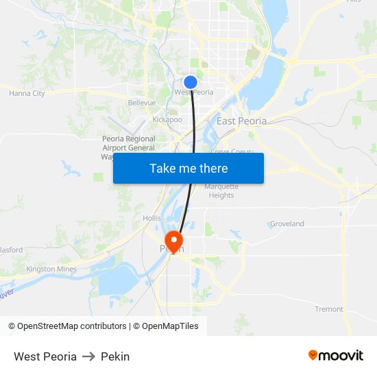 West Peoria to Pekin map
