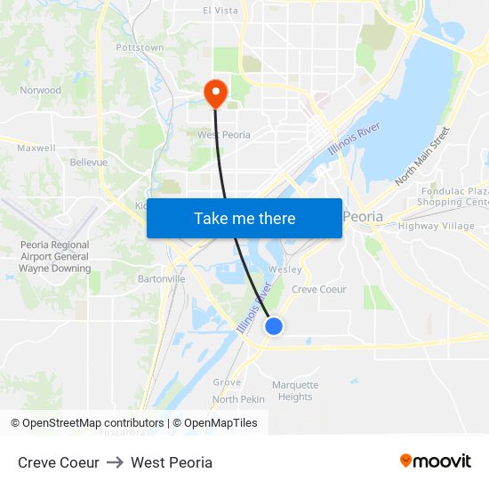 Creve Coeur to West Peoria map