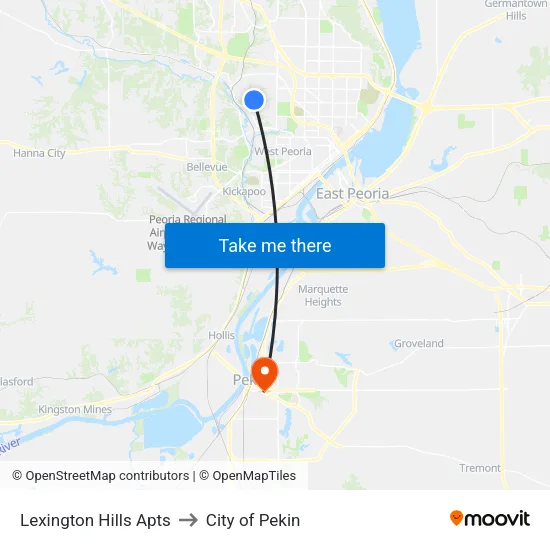 Lexington Hills Apts to City of Pekin map