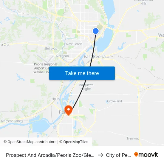 Prospect And Arcadia/Peoria Zoo/Glen Oak to City of Pekin map