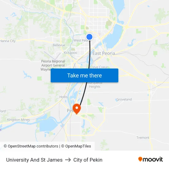 University And St James to City of Pekin map