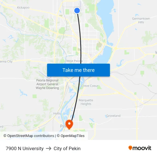 7900 N University to City of Pekin map