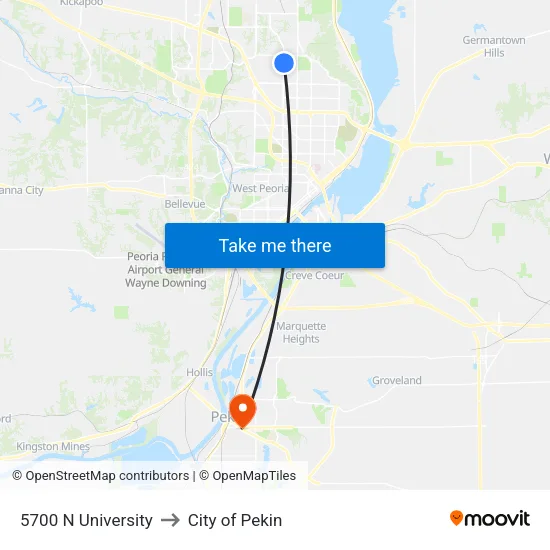 5700 N University to City of Pekin map