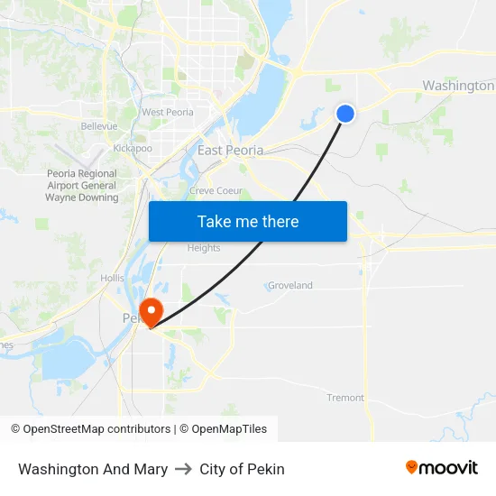 Washington And Mary to City of Pekin map