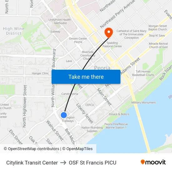 Citylink Transit Center to OSF St Francis PICU map