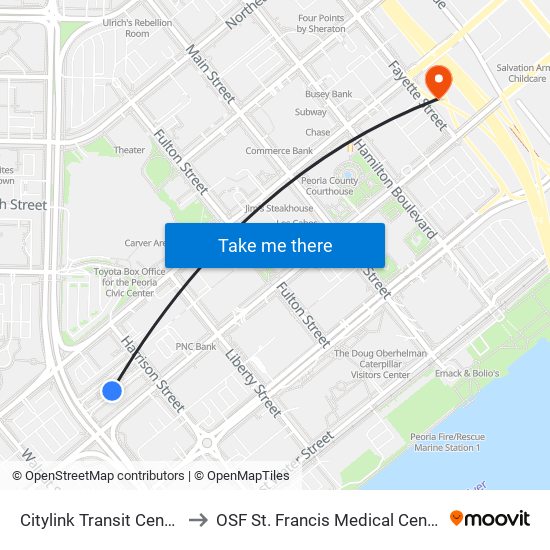 Citylink Transit Center to OSF St. Francis Medical Center map