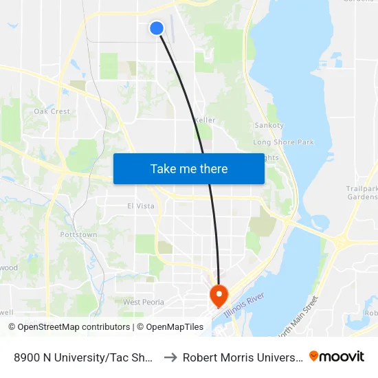 8900 N University/Tac Shack to Robert Morris University map
