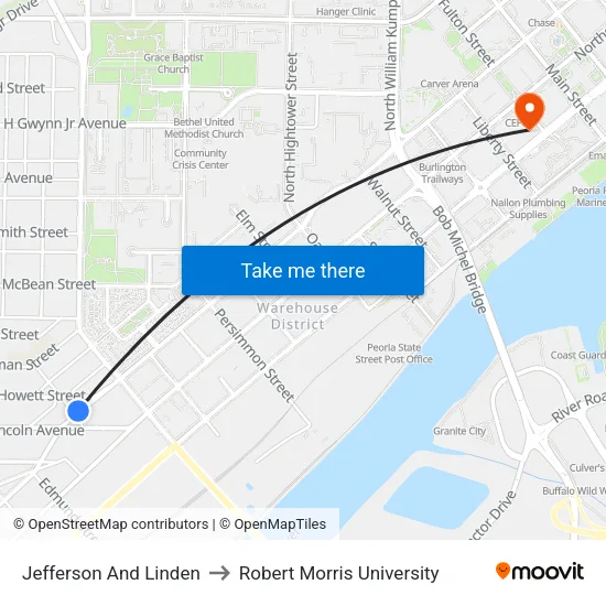 Jefferson And Linden to Robert Morris University map