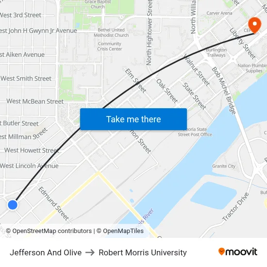 Jefferson And Olive to Robert Morris University map