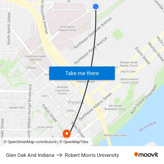 Glen Oak And Indiana to Robert Morris University map