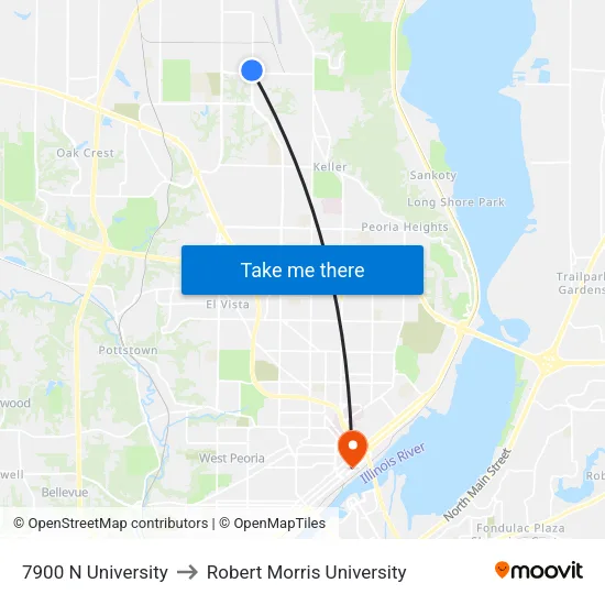 7900 N University to Robert Morris University map