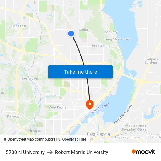 5700 N University to Robert Morris University map
