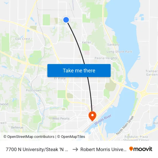7700 N University/Steak 'N Shake to Robert Morris University map