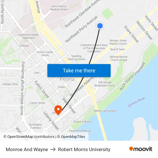 Monroe And Wayne to Robert Morris University map