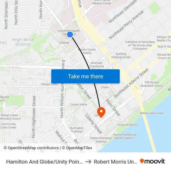 Hamilton And Globe/Unity Point Methodist to Robert Morris University map