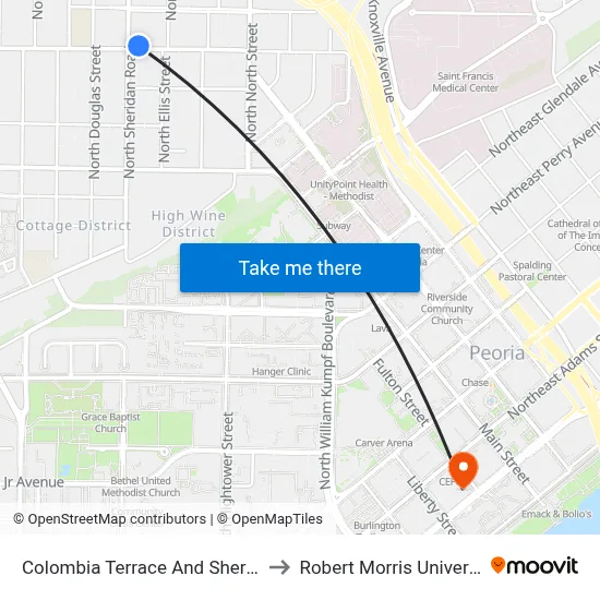 Colombia Terrace And Sheridan to Robert Morris University map