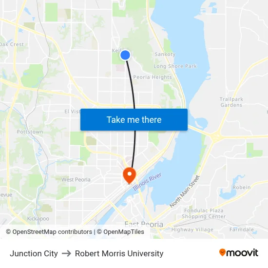 Junction City to Robert Morris University map