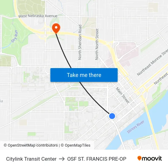 Citylink Transit Center to OSF ST. FRANCIS PRE-OP map