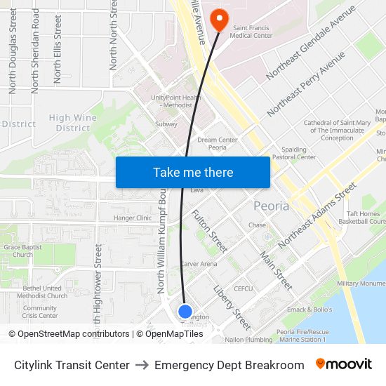 Citylink Transit Center to Emergency Dept Breakroom map