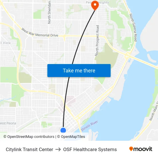Citylink Transit Center to OSF Healthcare Systems map