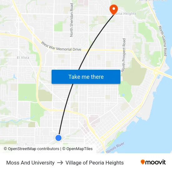 Moss And University to Village of Peoria Heights map