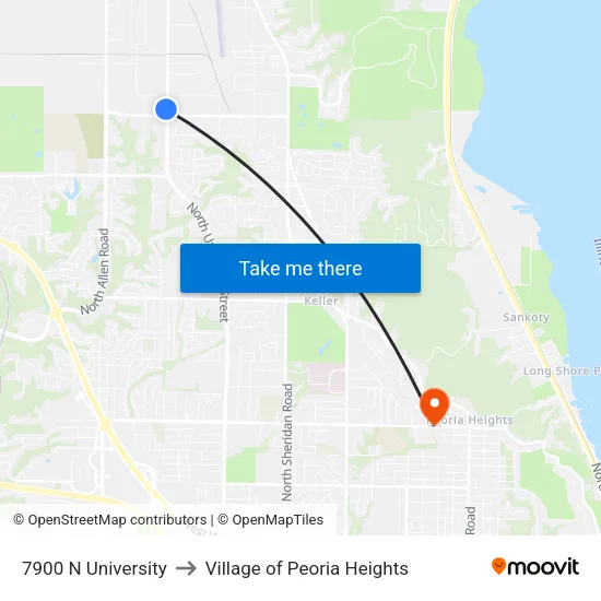 7900 N University to Village of Peoria Heights map