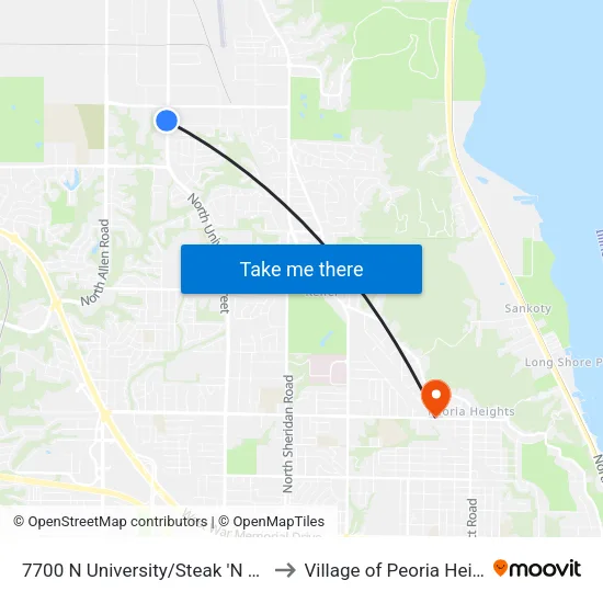 7700 N University/Steak 'N Shake to Village of Peoria Heights map