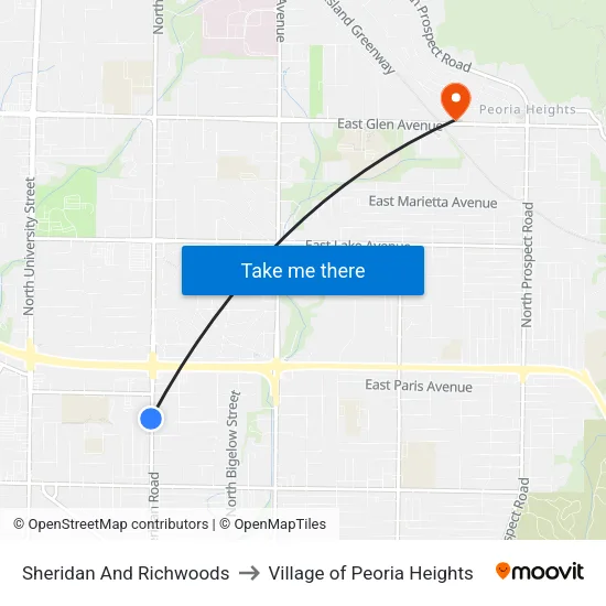 Sheridan And Richwoods to Village of Peoria Heights map