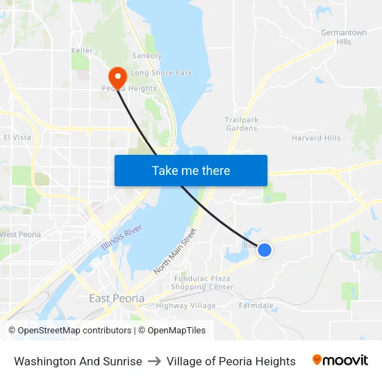 Washington And Sunrise to Village of Peoria Heights map