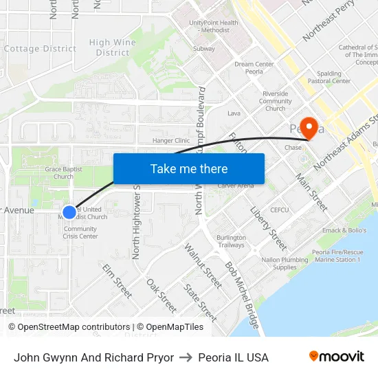 John Gwynn And Richard Pryor to Peoria IL USA map