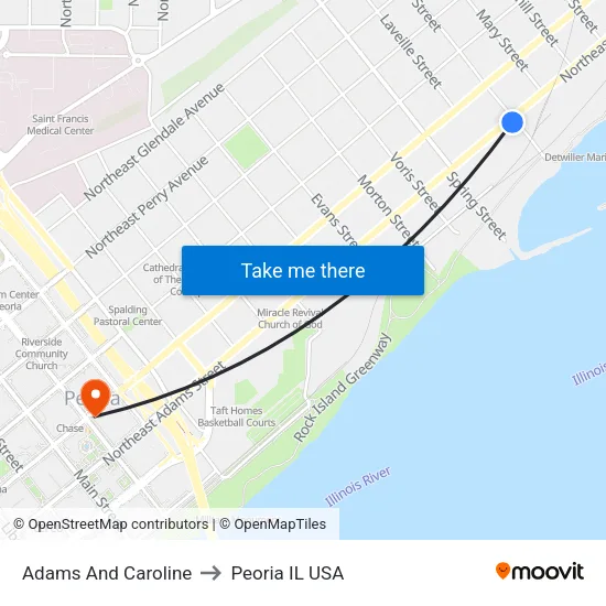 Adams And Caroline to Peoria IL USA map