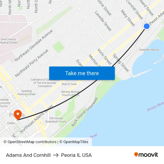 Adams And Cornhill to Peoria IL USA map