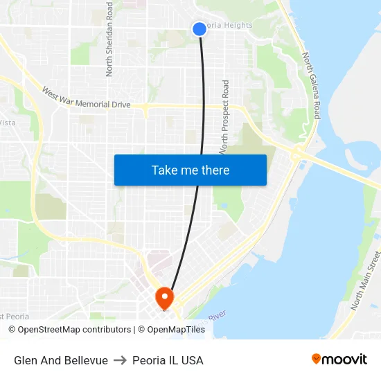 Glen And Bellevue to Peoria IL USA map
