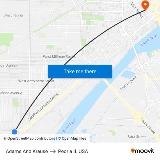 Adams And Krause to Peoria IL USA map