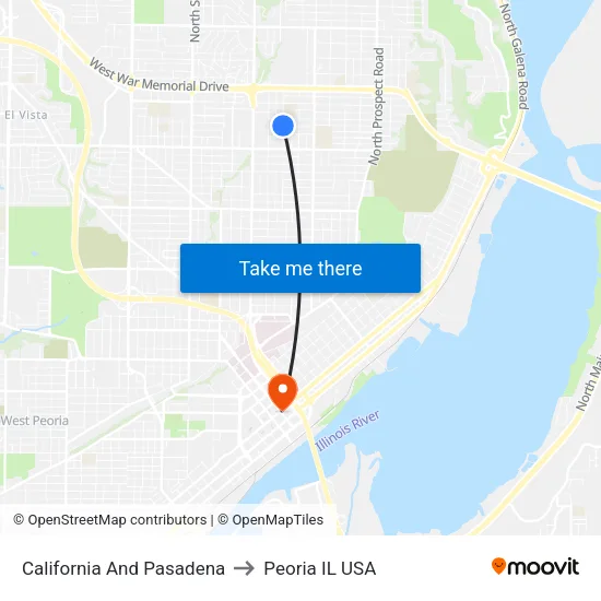 California And Pasadena to Peoria IL USA map