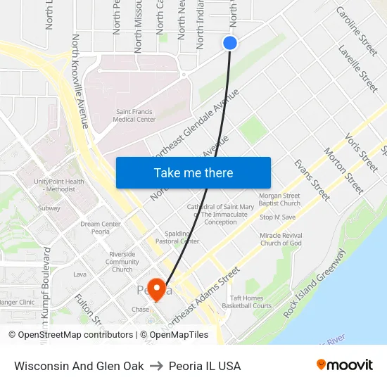 Wisconsin And Glen Oak to Peoria IL USA map