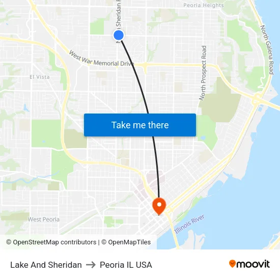 Lake And Sheridan to Peoria IL USA map