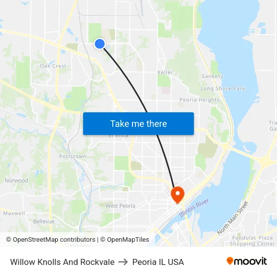 Willow Knolls And Rockvale to Peoria IL USA map