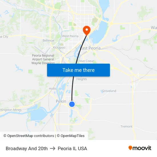 Broadway And 20th to Peoria IL USA map