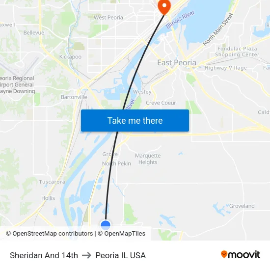 Sheridan And 14th to Peoria IL USA map