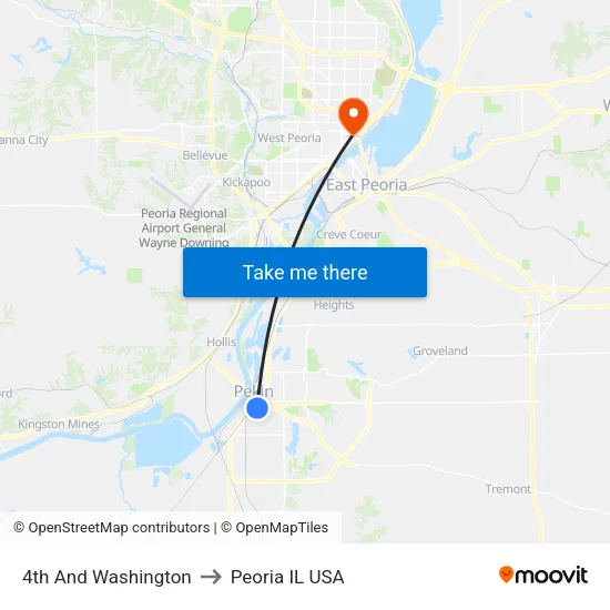 4th And Washington to Peoria IL USA map