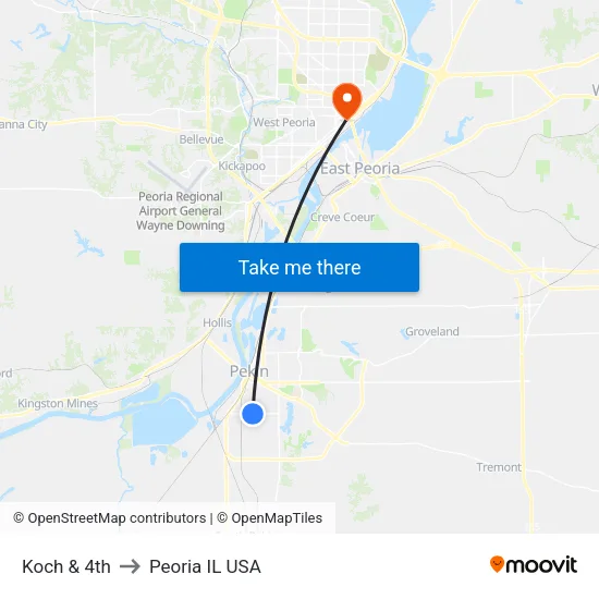 Koch & 4th to Peoria IL USA map