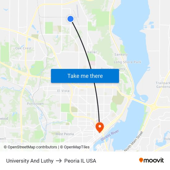 University And Luthy to Peoria IL USA map