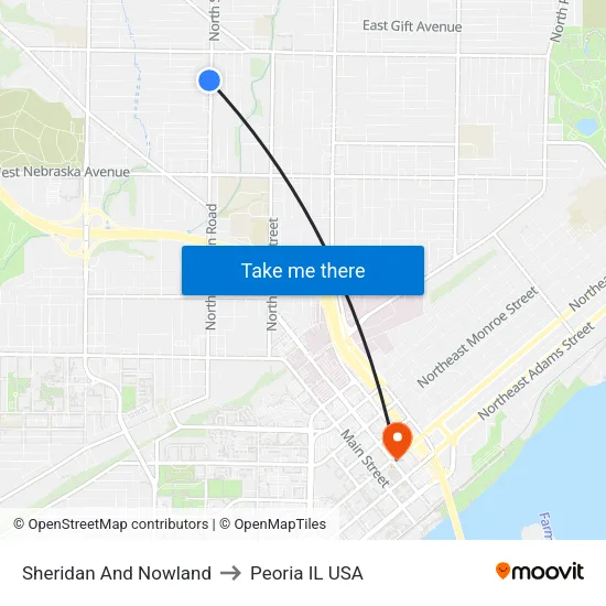 Sheridan And Nowland to Peoria IL USA map