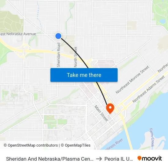 Sheridan And Nebraska/Plasma Center to Peoria IL USA map
